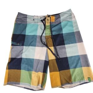 Rusty Board Shorts sz 32 Men Stretch Plaid Swim Yellow Blue Surfer Skater Preppy